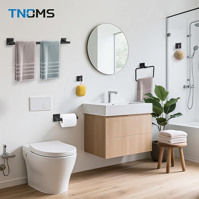 TNOMS 5 Pieces Matte Black Bathroom Hardware Set Black Towel Bar Set for Bathroom SUS304 Stainless Steel Wall-Mounted Towel Racks Set 23.6 Inch
