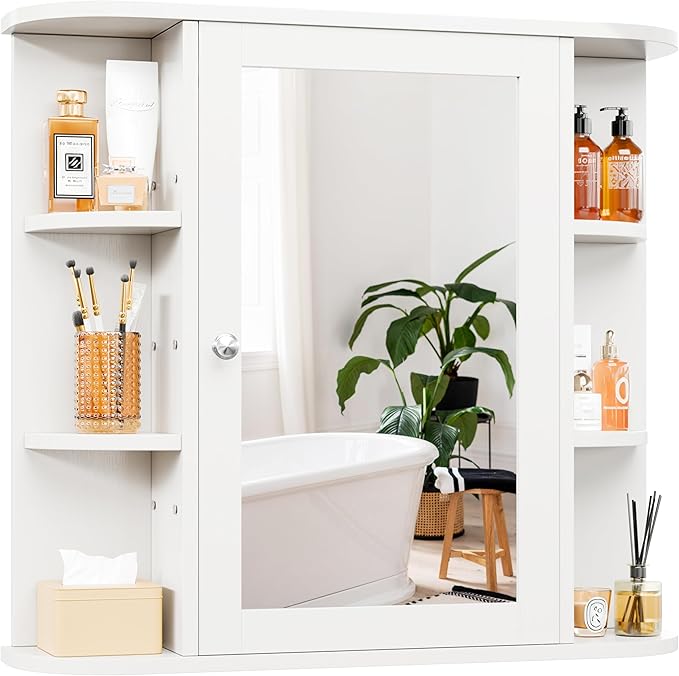 DL-win Bathroom Medicine Cabinet with Mirror, Wall Mounted Home Storage with Door, Over The Toilet Space Saver Storage Cabinet, Bathroom Cabinet Wall Mounted, White