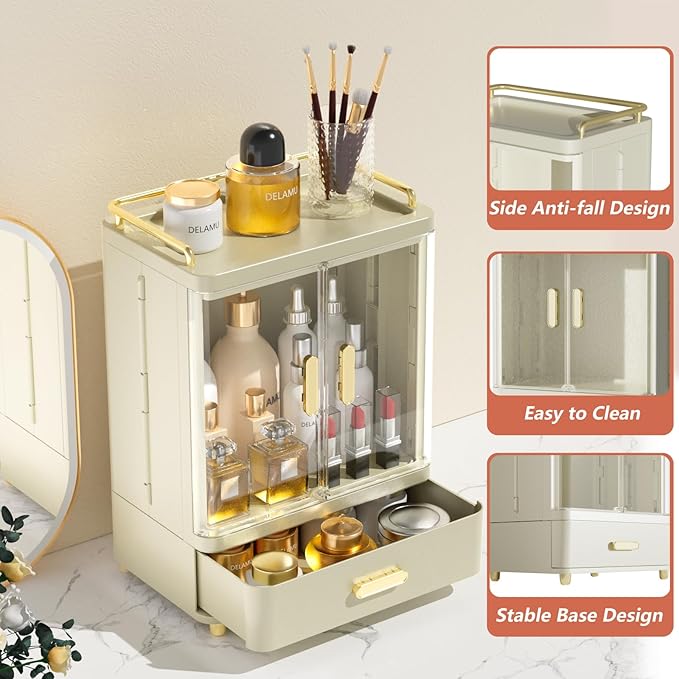 Delamu Bathroom Makeup Organizer Countertop with Drawer, 3-Tier Large Capacity Bathroom Counter Countertop, 15.2' Tall Storage for Perfume, Cosmetic, Skincare and More, Ideal Present for Her, Beige