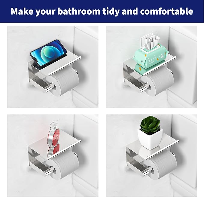 GLNLQ Chrome Toilet Paper Holder Wall Mount, Fits Mega Rolls Size Sliver Toilet Paper Holder with Shelf, Rustproof Stainless Steel Toilet Roll Holder, Self Adhesive Toilet Paper Holders Chrome