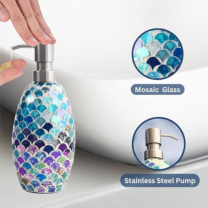 Escenzy Mermaid Bathroom Accessories Sets 4 Pcs | Luxurious Soap Dispenser, Toothbrush Holder, Cotton Glass Jar, Soap Tray | Mermaid Bathroom Decor | Modern Mosaic Glass Bathroom Accessories