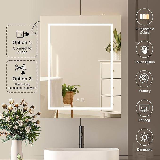 24x30 Medicine Cabinet with Lights,Led Mirror Cabinet with Outlets & USB, Bathroom Cabinet Wall Mounted,Anti-Fog Dimmable Light and Color Adjustment,Lighted Medicine Cabinet for Bathroom