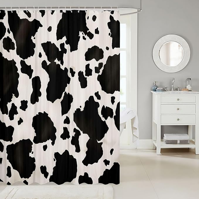 Feelyou Milk Cow Fur Bath Curtain Farmhouse Cowhide Shower Curtain for Girls Teens Decor Cattle Fur Black White Bathroom Fabric Shower Curtain Set Animal Skin Waterproof Curtains 72"x72"