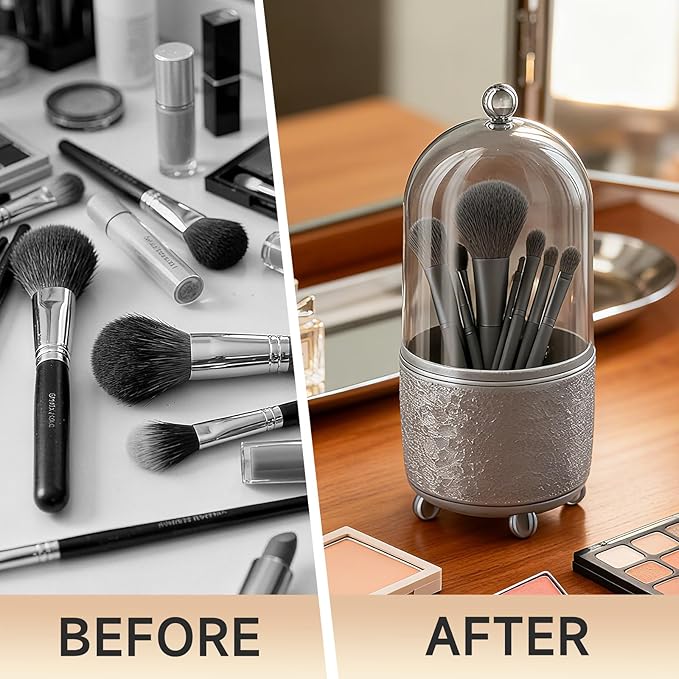Makeup Brush Holder with Lid, Cosmetic Tools Organizer with Cover, 360?? Rotating Sliding Opening Dustproof Brushes Container for Vanity, Ideal Gift for Girlfriend Wife Friends (Gray)