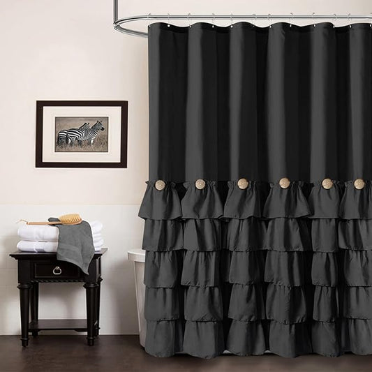 Seasonwood Extra Long Black Ruffle Shower Curtain 84 inch Shower Curtain Black Fabric Shower Curtains Nature Button Shabby Chic Ruffles and French Country Style 72 x 84 Shower Curtains