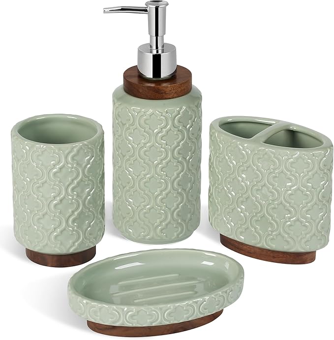 RQYIXI Elegant 4 PCS Ceramic&Wood Bathroom Accessories Set:Soap Dispenser,Toothbrush Holder,Tumbler,Soap Dish,Easy to Clean,Quatrefoil Pattern,Green-Affordable Luxury for Home Decor Enthusiasts