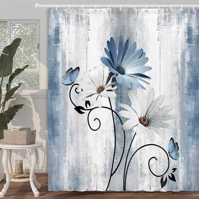 NBVKO 4PCS Rustic Blue Flower Farmhouse Shower Curtain Set,Waterproof Blue Daisy Floral Bathroom Decor Accessory Set