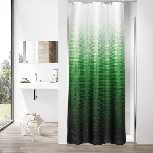 MitoVilla Green Ombre Waffle Small Stall Shower Curtain 36 x 72, Half Size Fabric Narrow Shower Curtains for Bathroom Decor, 36 inch Weighted Shower Curtain Set with Plastic Hooks