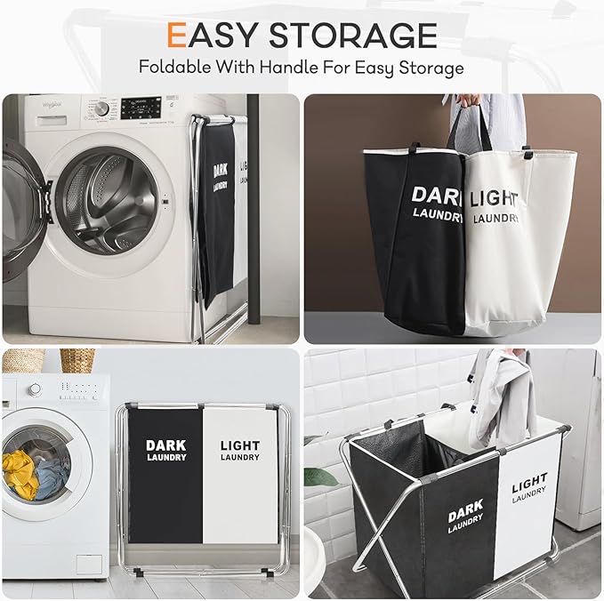 Laundry Cloth Hamper Sorter Basket Bin Foldable 2 Sections with stainless steel Frame Washing Storage Dirty Clothes Bag for Bathroom Bedroom Home Storage Basket (Black+white, 2 Sections)