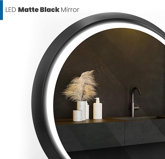 32 Inch Round LED Mirror for Bathroom, Black Metal Frame Lighted Vanity Mirror with 3 Color Modes, Touch Dimmer - Anti-Fog Wall Mounted Circle Mirror with Lights - Fab Glass and Mirror