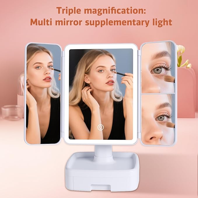 Makeup Mirror with LED Light, 1X/2X/3X Magnification, Rechargeable Vanity with Storage Box, Touch Control 3-Color Lighting, Portable Trifold Mirror, Gift for Her(White)