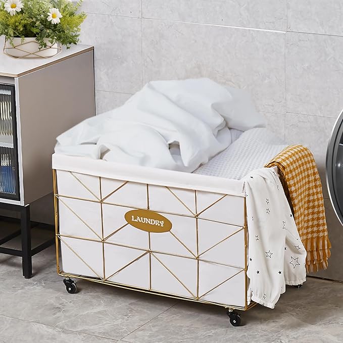 Mxfurhawa Laundry Hamper,Collapsible Laundry Basket Large Capacity Metal Laundry Hamper with Removable Liner, Rolling Wheels and Collapsible Design for Clothes Storage and Organization (160L GOLD)