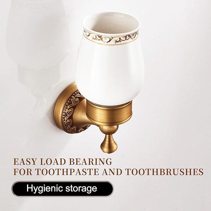 Wall Mounted Bathroom Tooth Brushed Cup Holder, Antique Brass Pattern Carving,Brushed Bronze