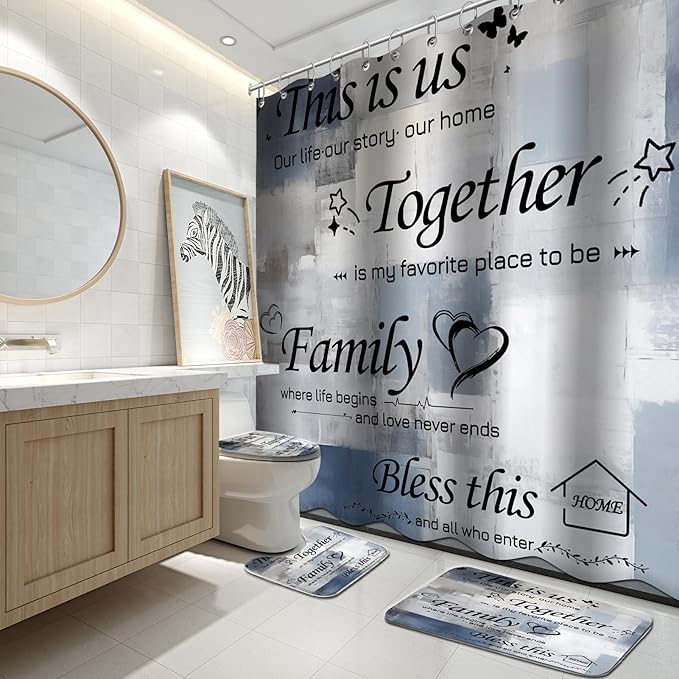 Lnond 4Pcs Bathroom Shower Curtain Sets with Rugs, Navy Blue Motivational Home Family Bathroom Sets with Shower Curtain and Rugs and Accessories