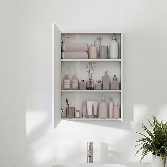 Panana Bathroom Mirror Cabinet Medicine Cabinets with Mirrored Door Wall Mounted Cabinet with Mirror, Storage Shelf with Adjustable Shelves Storage Organizer Kitchen Cupboard (White, 19.7x27.6 inch)