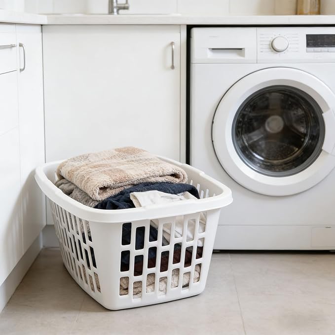 4 Pack 1.5 Bushel Rectangular Plastic Laundry Hamper - Ventilated Sides & Stackable Design with Comfort Grip Handles, Reinforced Rim for Laundry Room, Dorm, Apartment & Bathroom, White
