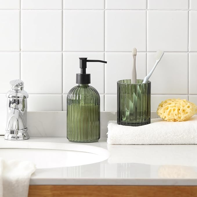 4PCS Olive Green Glass Bathroom Accessories Set, Includes Soap Dispenser, Cotton Jar, Soap Holder Tray & Tumbler, Heavy Weight Embossed Glass Bathroom Decor Set for Home, Apartment & Vanity
