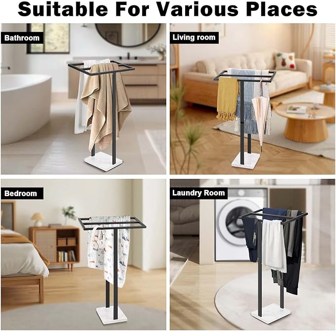 Livabber Standing Towel Rack, 304 Stainless Steel 2 Tier Towel Holder Stand with Heavy Marble Base, Stylish Floor Towels Bar for Bathroom Accessories, Laundry Room, Pool (Black)