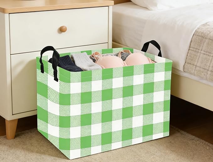 Rectangular Kids Baskets Green grid Basket Cute Storage Bins Organizer Box Boys Room Decor for Home.(Green grid)