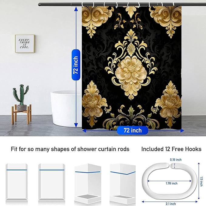 NBVKO 4Pcs Luxury Damascus Gold Flower Pattern Shower Curtain Set with 12 Hooks Non-Slip Rugs,Toilet Lid Cover and Bath Mat,Dark Gold Bathroom Decor for Hotel & Home Bathroom