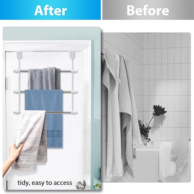 Over The Door Towel Racks for Bathroom, No-Drill Behind Door Organizer, 3-Tier Metal Towel Holder, Glass Shower Room Door Hanger Towel Bar for Hanging, Drying, Renter Friendly Space Saver, Anti-Rust