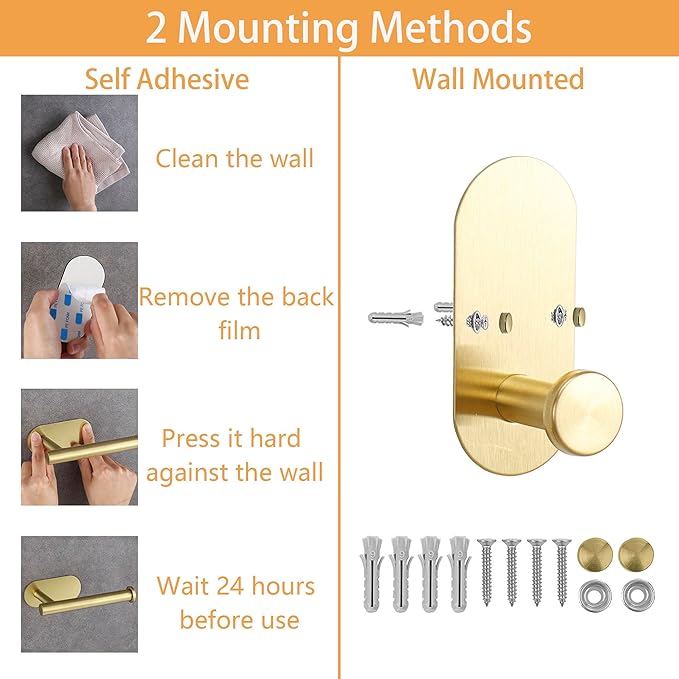 TocTen 5 Pieces Wall Mounted or Self Adhesive Towel Bar Set, Stainless Steel Bathroom Hardware Set Include 16″ Towel Rack, Toilet Paper Holder, 3 Towel Hook, Sticky Bathroom Accessory Kit (Gold)