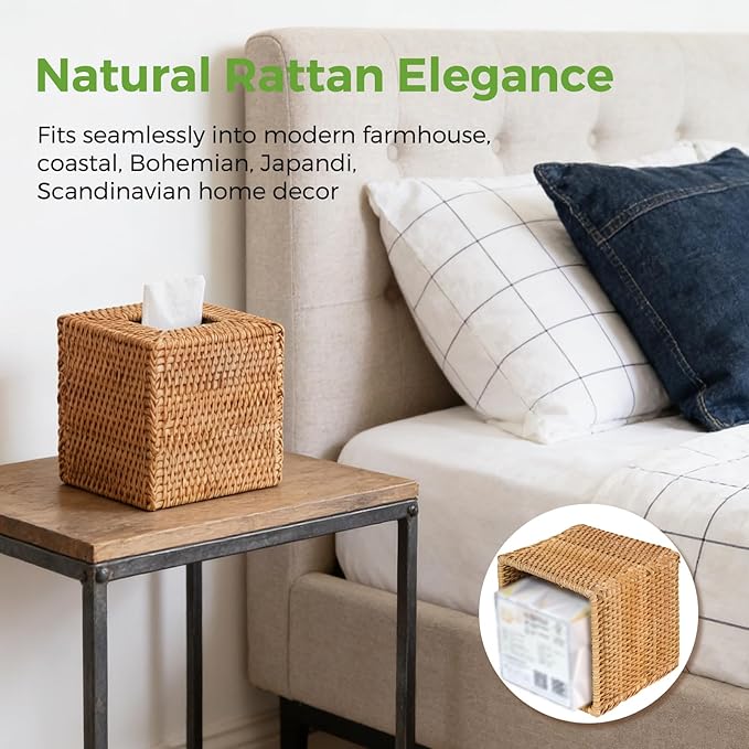 Natural Rattan Tissue Box Cover, Hand Woven Square Wicker Holder for Facial Tissues, Wicker Napkin Holder Ideal for Bathroom Living Room, Tissue Holders Decorative for Kitchen Office and Desk