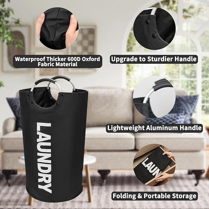 90L Laundry Basket Freestanding Laundry Hamper Collapsible Dirty Clothes Hamper Waterproof Oxford Fabric with Foam Padded Aluminum Handles Reinforced Rivets for Dorm College Home(Black) (2Packs)