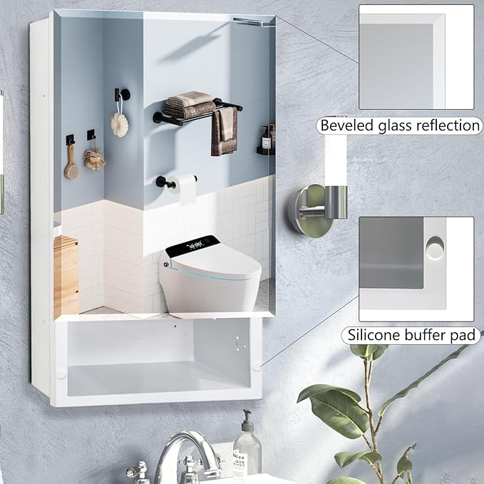 16x26 Bathroom Mirror with Storage, Recessed & Surface Mount Medicine Cabinet, Beveled Edge Bathroom Cabinet with Mirror, Wall Mounted Mirror Cabinet, with Modern Sleek Design