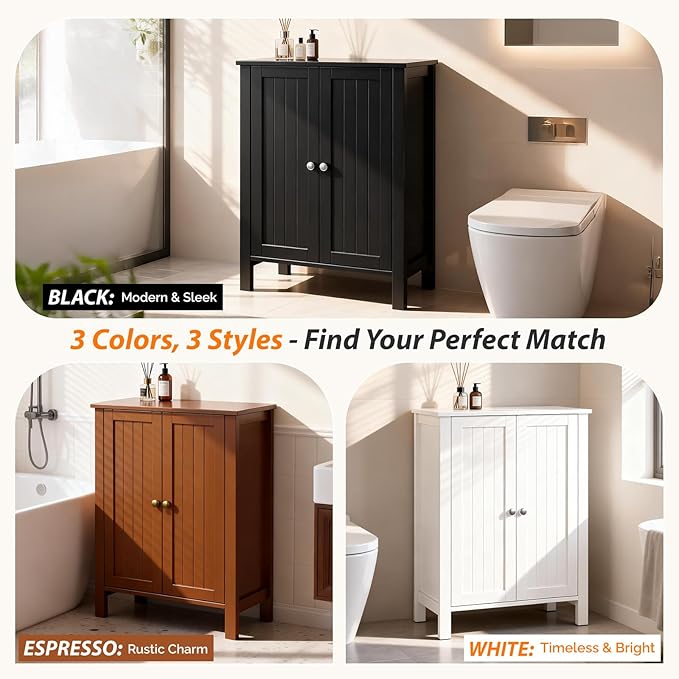 Bonnlo Free Standing Bathroom Cabinet, Modern Black Storage Cabinet with Doors, Small Wooden Floor Cabinet Sideboard for Hallway, Bedroom, Kitchen Organization, 31.5 Inch High
