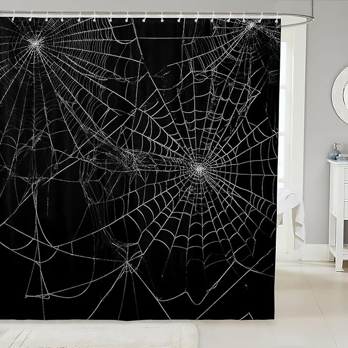 Feelyou Spider Web Bath Curtain Halloween Theme Spider Print Shower Curtain Black White Decor Bathroom Curtain Set Polyester Trick or Treat Waterproof Shower Curtains 72"x72"