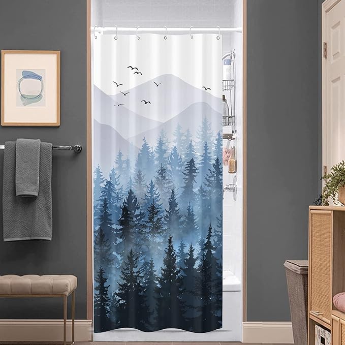 Accnicc Stall Small Blue Misty Forest Shower Curtain Set Ombre Mountain Pine Tree Waterproof Fabric Shower Curtains for Bathroom Nature Woodland Decorative Bath Curtain Decor 36×72 Inches