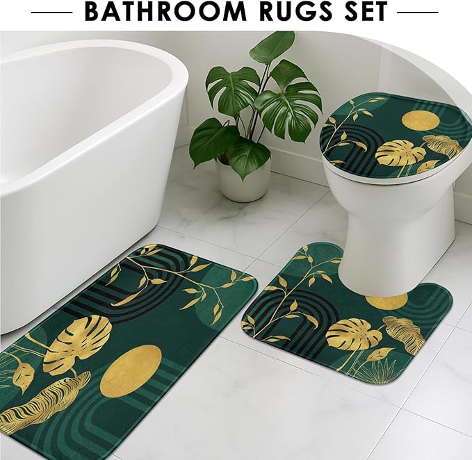 Boho Green Shower Curtain Set with Toilet Lid Cover and Non-Slip Rugs, Tropical Botanical Abstract Green Gold 4 Pcs Modern Minimalist Vintage Shower Curtain for Bathroom Set with 12 Hooks