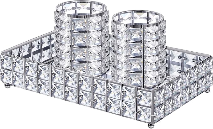 3 Pieces Crystal Makeup Brush Holder Organizer Vanity Makeup Tray Set, 2 Pcs Crystal Bling Cosmetics Brushes Cup 1 Storage Jewelry Trinket Tray Bathroom Sink Vanity Trays, 11.81 x 7.87 x 2.76 Inch