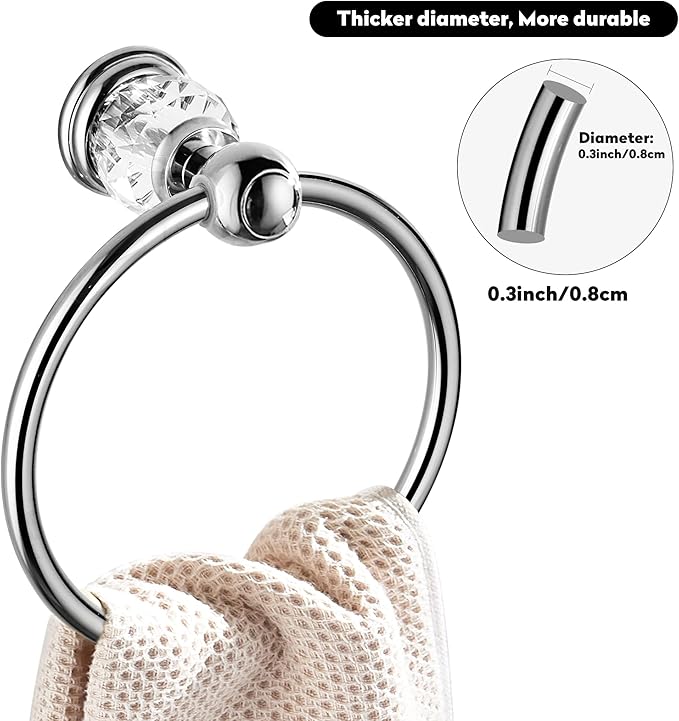 WINCASE Chrome Towel Ring, Bath Hand Towel Holder Crystal, Silver Towel Rack Wall Mounted