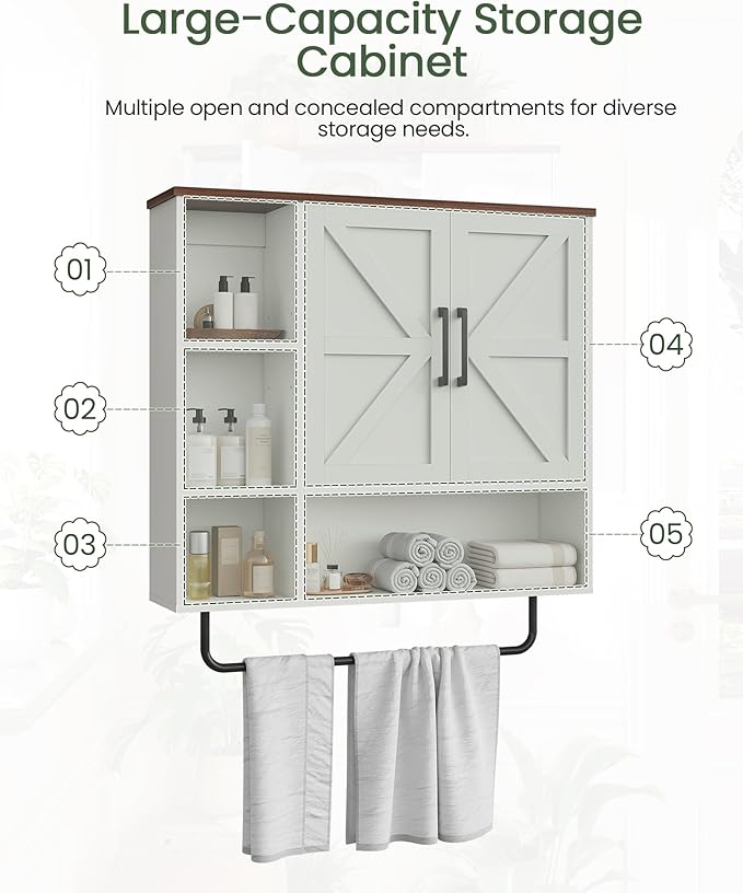 CHOEZON Bathroom Wall Cabinet, Medicine Cabinet Wall Mounted, Over Toilet Storage Cabinet, Wall Cabinet with Towel Bar, Open and Hidden Storage Space, for Bathroom Living Room Kitchen White and Walnut