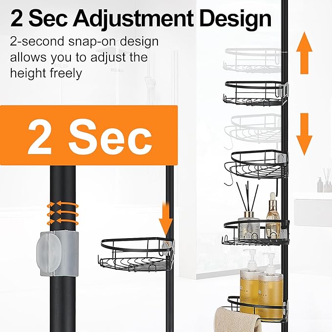 DUFU Corner Shower Caddy Tension Pole, Shower Tension Rod Organizer, 4-Tier Adjustable Floor to Ceiling Shower Caddy 33-127inch, No Drilling Shower Shelf for Inside (Black)