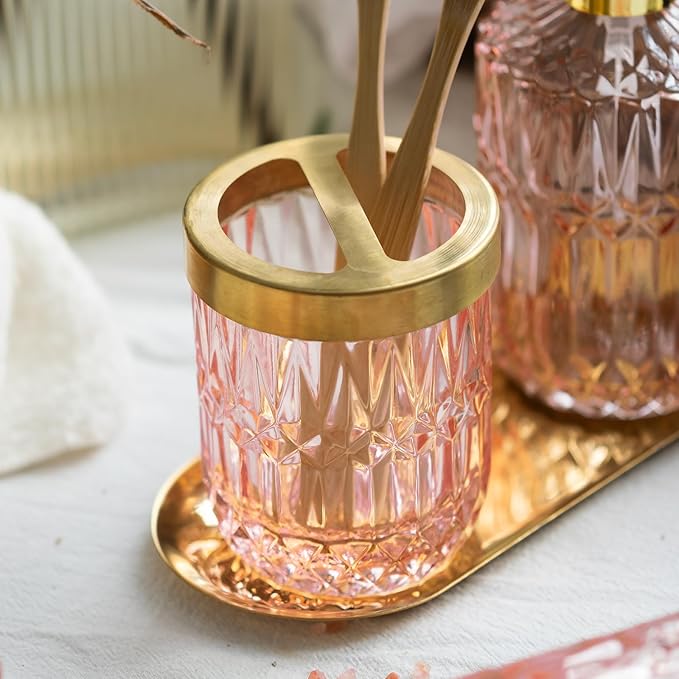 EMPO 6PCS Bathroom Clear Glass Accessories Set (Lotion Soap Dispenser, Soap Dish, Toothbrush Holder, Tumbler, Cotton Swab Jar), Contemporary Modern Decor Crystal Vintage Gift (6pcs Light Pink)