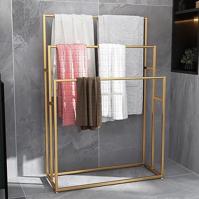 3 Tier Standing Towel Rack - Extra Wide Large Bathroom Towel Stand, Heavy-Duty Metal Towel Drying Rack for Poolside (Matte Gold, 37.4” Wide)
