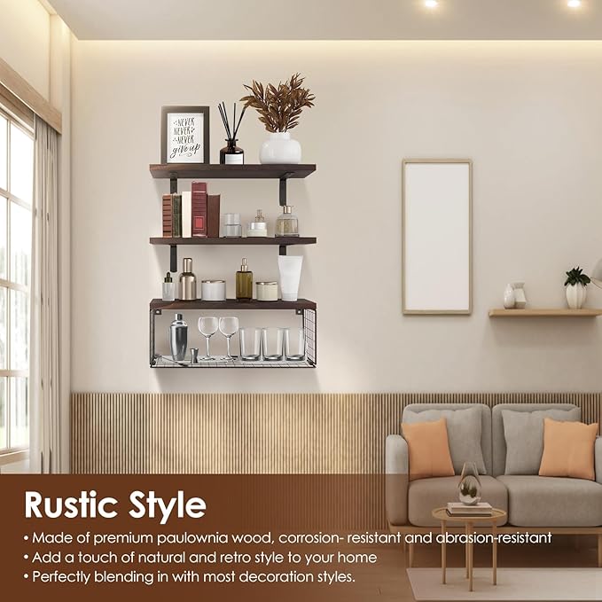 2 in 1 Floating Shelves with Storage Basket, Sturdy Paulownia Wood Wall Shelves for Bathroom Living Room