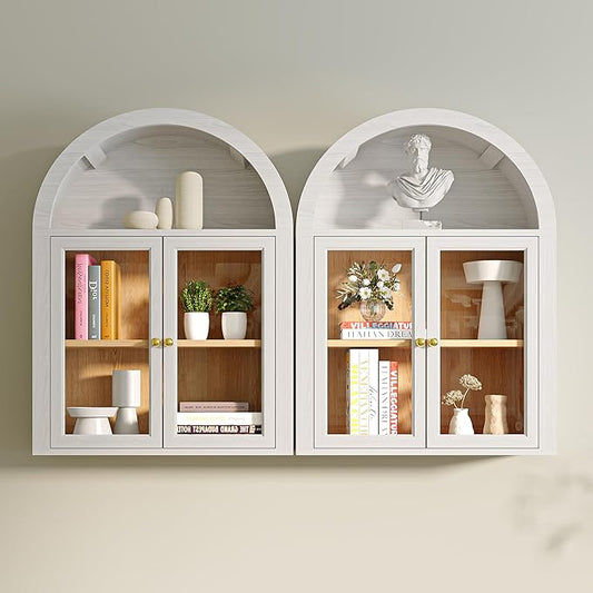 Furnaza Arched Wall Mounted Display Medicine Cabinets with Tempered Glass Doors and Adjustable Shelf for Bath or Living Room (White, 24" W X2pcs)
