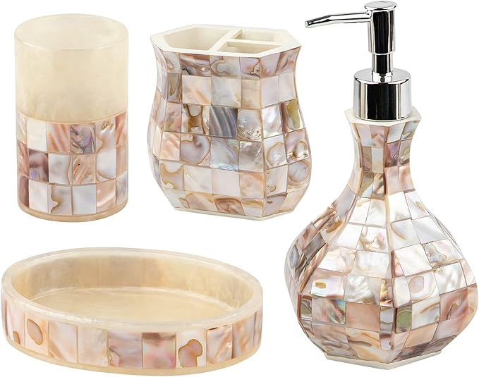 Milano Bathroom Accessories Set - 4 Piece Bathroom Accessory Set with Natural Mother of Pearl Shells - Decorative Bathroom Set Includes: Soap Dispenser, Toothbrush Holder, Tumbler and Soap Dish