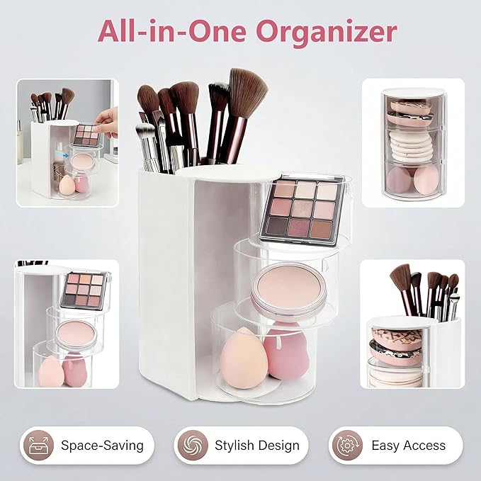 Hair Accessories Organizer with Hair Brush Holder - Rotatable Makeup Brush Organizer and Jewelry Storage Box for Necklaces, Earring, Bracelet, Makeup Brushes, Hair Clip and Hair Accessories (White)