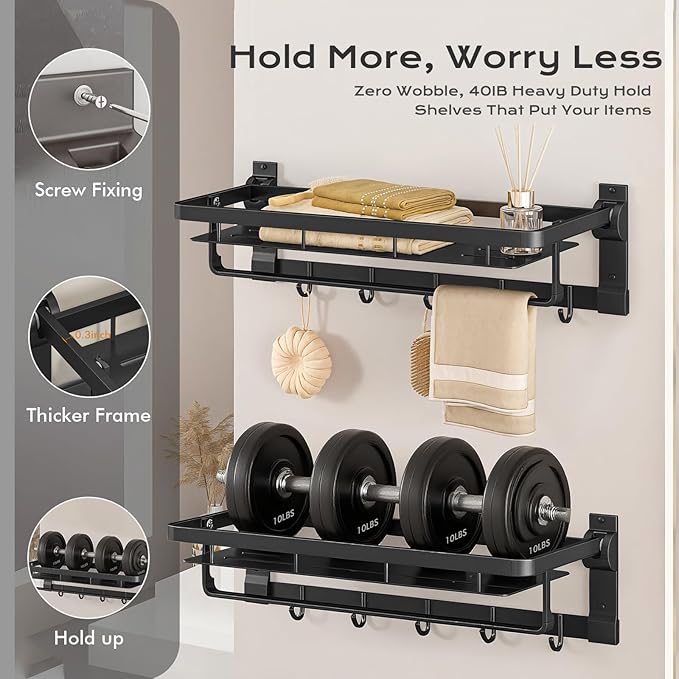Rust-Proof Floating Shelves Organizer With Foldable Towel Bar 5 Towel Hooks Wall Mounted Organizer 23-Inch Towel Racks For Bathroom Lavatory Kitchen Rv Home Decor, Matte Black