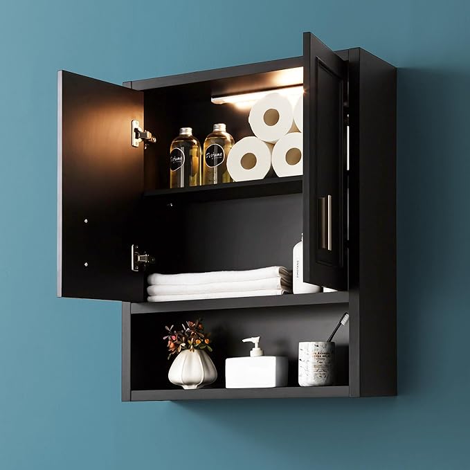 VANIRROR Black Wall Cabinet 23x29 inch for Bathroom Laundry Room Bedroom Kitchen Wood Medicine Cabinet, DIY Lighting, Soft-Close Hinge, 2 Door,Above Toilet Storage
