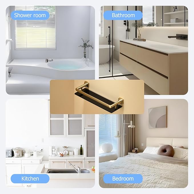 16-Inch Bathroom Glass Shelf, Rectangular Floating Shelves, Brushed Gold Wall Organizer with Black Tempered Glass & Safety Railing