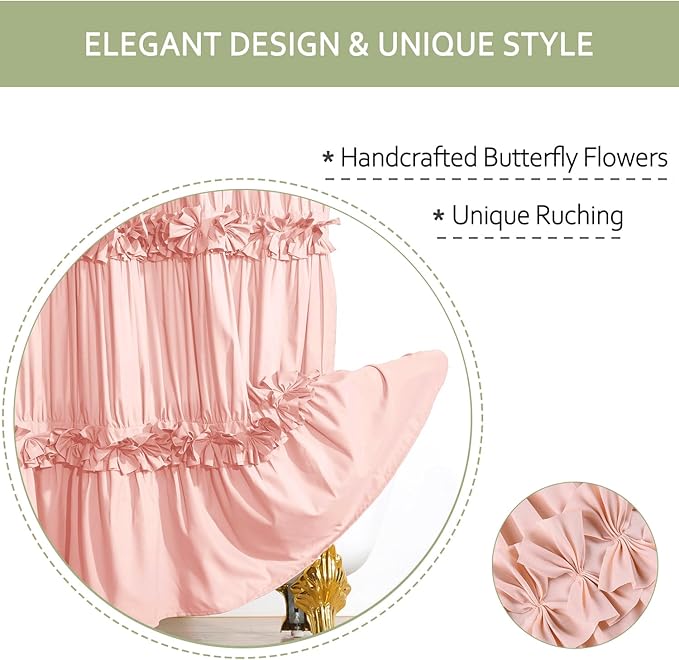 Peach Ruffle 72x96 Inch Shower Curtain, Vintage Handcrafted Bow Tie Bath Curtain for Master Bathroom, Ruched Microfiber Bathroom Curtain with 12 Buttonholes (LQ-10)