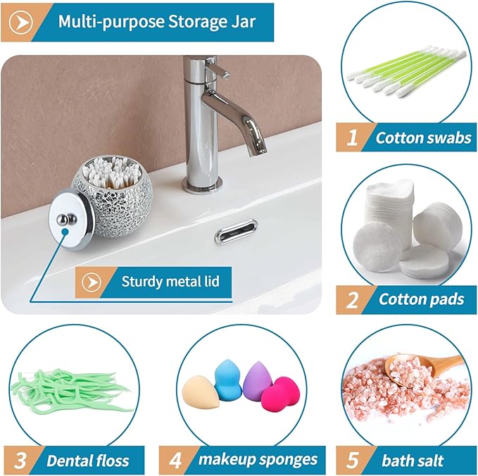 Mosaic Glass Bathroom Accessories Set, Modern Luxury Bath Ensemble, Includes Soap Dispenser & Cotton Swab Jar & Toothbrush Holder & Vanity Tray (Shiny Silver)