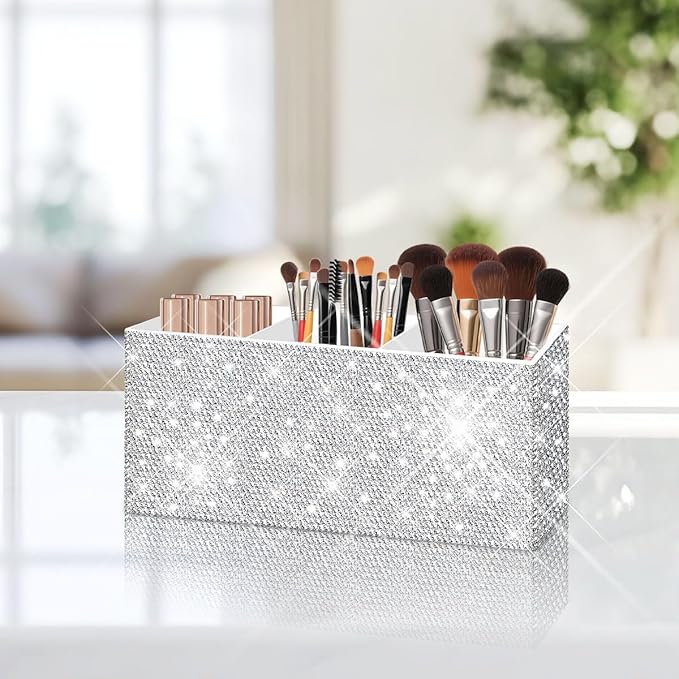 Bling Makeup Brush Holder Organizer, 3 Slot Sparkle Cosmetics Brushes Storage Holders with Shiny Rhinestones, Glitter Cute Pen and Pencil Holder for Desk, Eyeliners Display Case for Vanity???White???