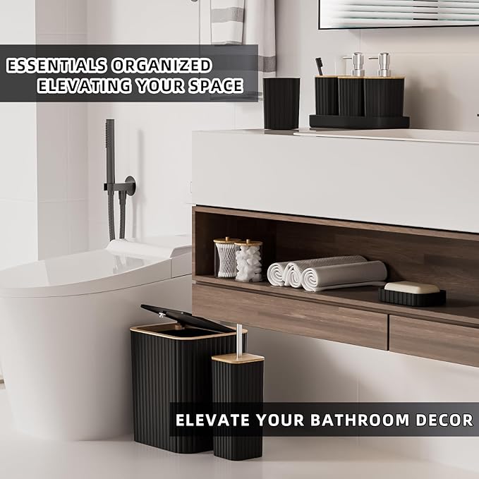 XLHOMO Bathroom Accessories Set - Elegant Black Bathroom Set, 10PC Bathroom Accessory Set, Toilet Brush, Trash Can, Qtip Holder Dispenser & Soap Dispenser